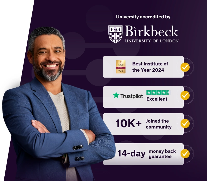 A smiling professional man in a jacket stands confidently against a dark purple background with text highlights. Beside him, four badges showcase achievements: “Best Institute of the Year 2024,” “Excellent reviews on Trustpilot,” “10K+ Joined the community,” and “14-day money back guarantee,” each accompanied by a yellow checkmark.