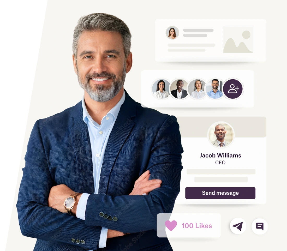 Smiling business professional beside UI cards with member profiles, networking icons and a “Send message” button, promoting TCGI’s corporate governance membership community.