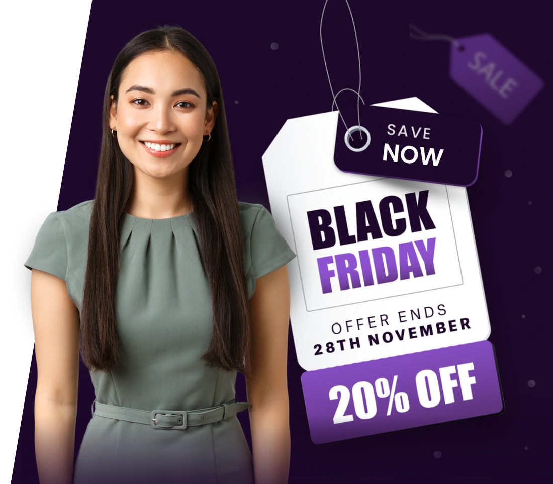 A smiling professional woman in a blazer stands confidently against a dark purple background with text highlights. Beside her, four badges showcase achievements: “Best Institute of the Year 2024,” “Excellent reviews on Trustpilot,” “10K+ Joined the community,” and “14-day money back guarantee,” each accompanied by a yellow checkmark.