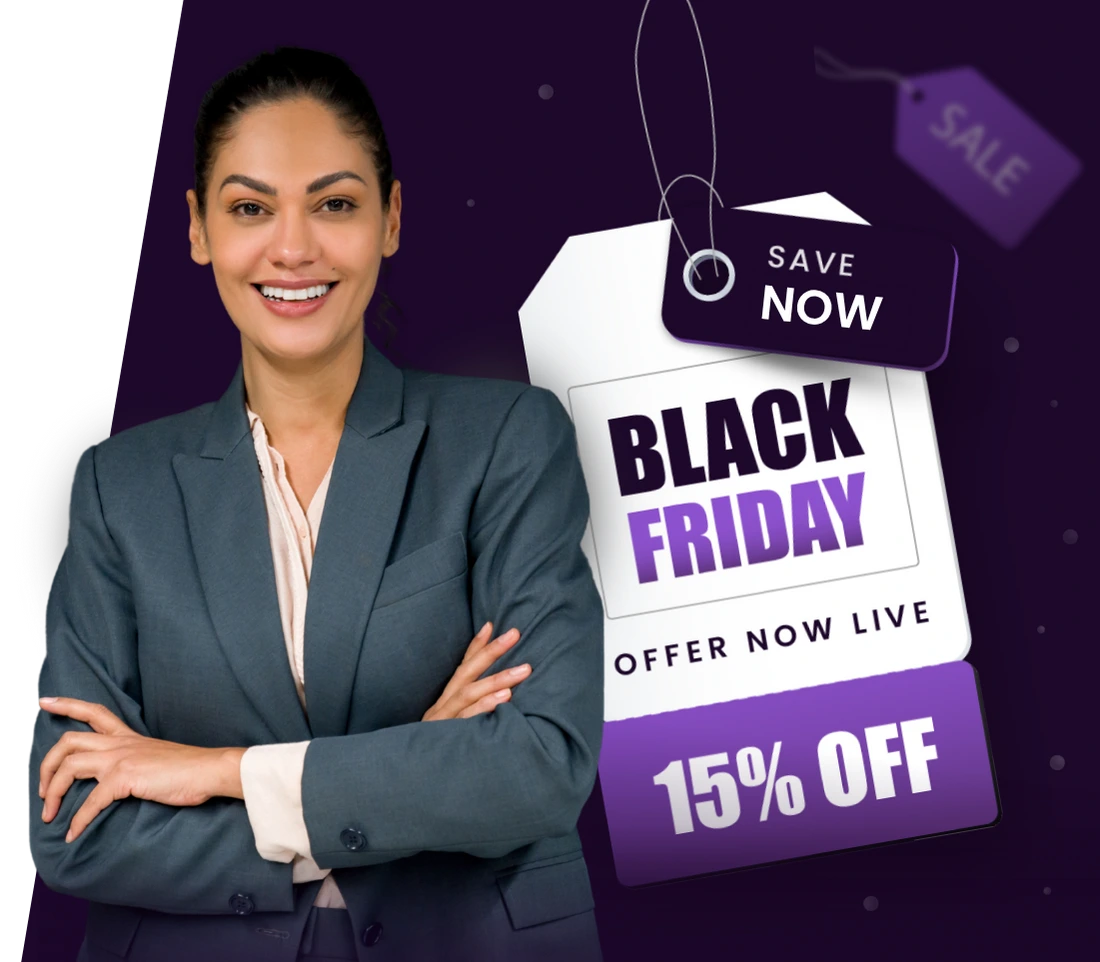 A smiling professional woman in a blazer stands confidently against a dark purple background with text highlights. Beside her, four badges showcase achievements: “Best Institute of the Year 2024,” “Excellent reviews on Trustpilot,” “10K+ Joined the community,” and “14-day money back guarantee,” each accompanied by a yellow checkmark.