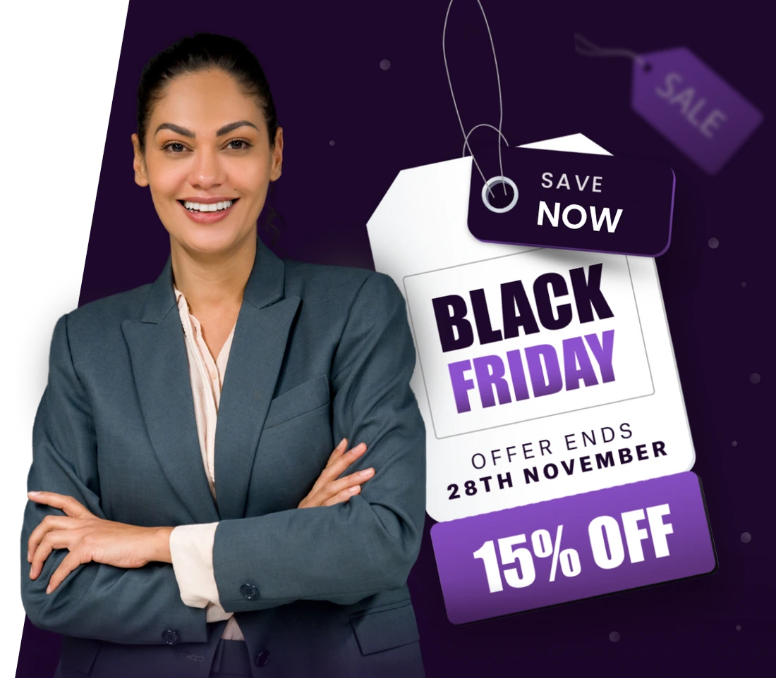 A smiling professional woman in a blazer stands confidently against a dark purple background with text highlights. Beside her, four badges showcase achievements: “Best Institute of the Year 2024,” “Excellent reviews on Trustpilot,” “10K+ Joined the community,” and “14-day money back guarantee,” each accompanied by a yellow checkmark.