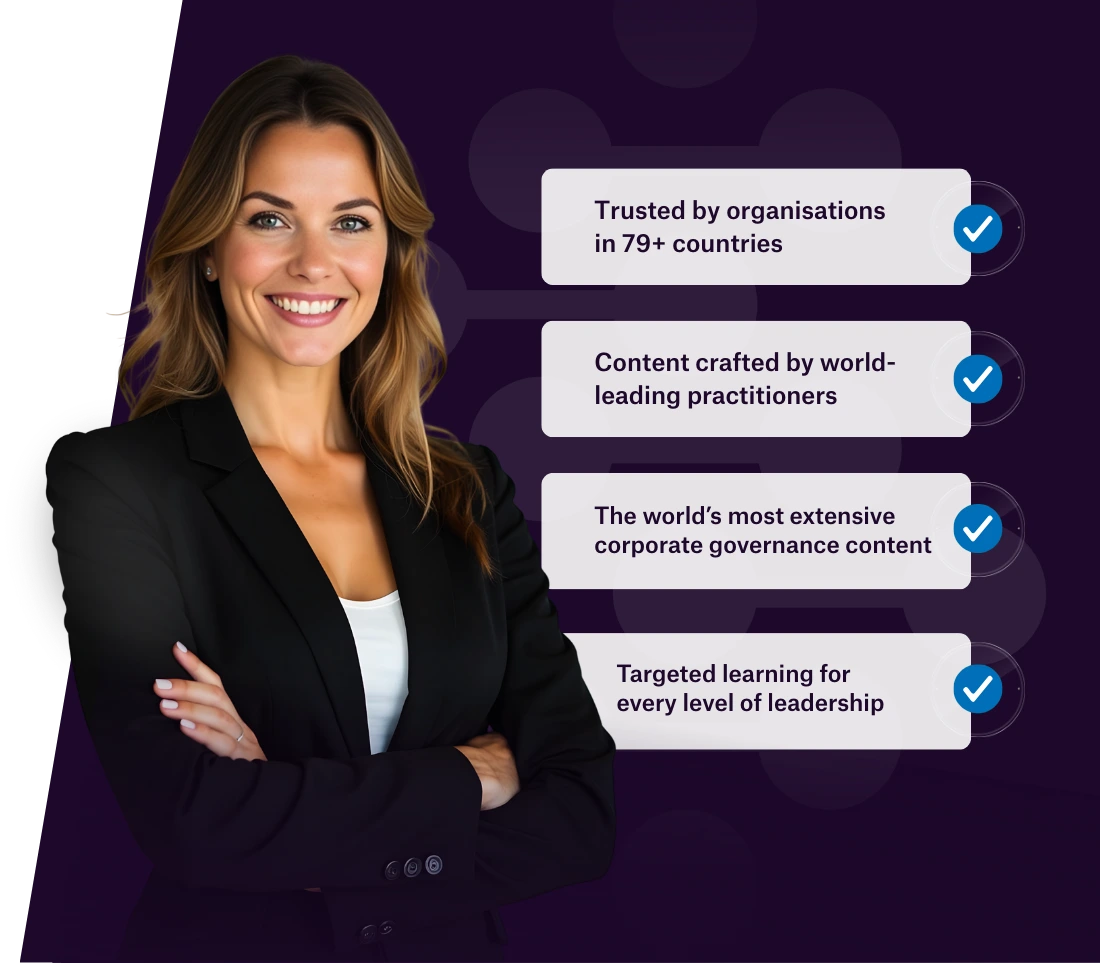 A smiling professional woman in a blazer stands confidently against a dark purple background with text highlights. Beside her, four badges showcase the corporate governance institute USPs: “Trusted by organisations in 79+ countries”, “Content crafted by world-leading practitioners”, “The world's most extensive corporate governance content” and “Targeted learning for every level of leadership” each accompanied by a blue checkmark.