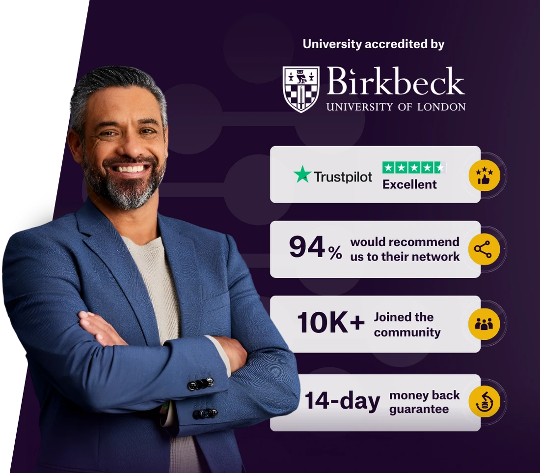 A smiling professional man in a jacket stands confidently against a dark purple background with text highlights. Beside him, four badges showcase achievements: “Best Institute of the Year 2024,” “Excellent reviews on Trustpilot,” “10K+ Joined the community,” and “14-day money back guarantee,” each accompanied by a yellow checkmark.