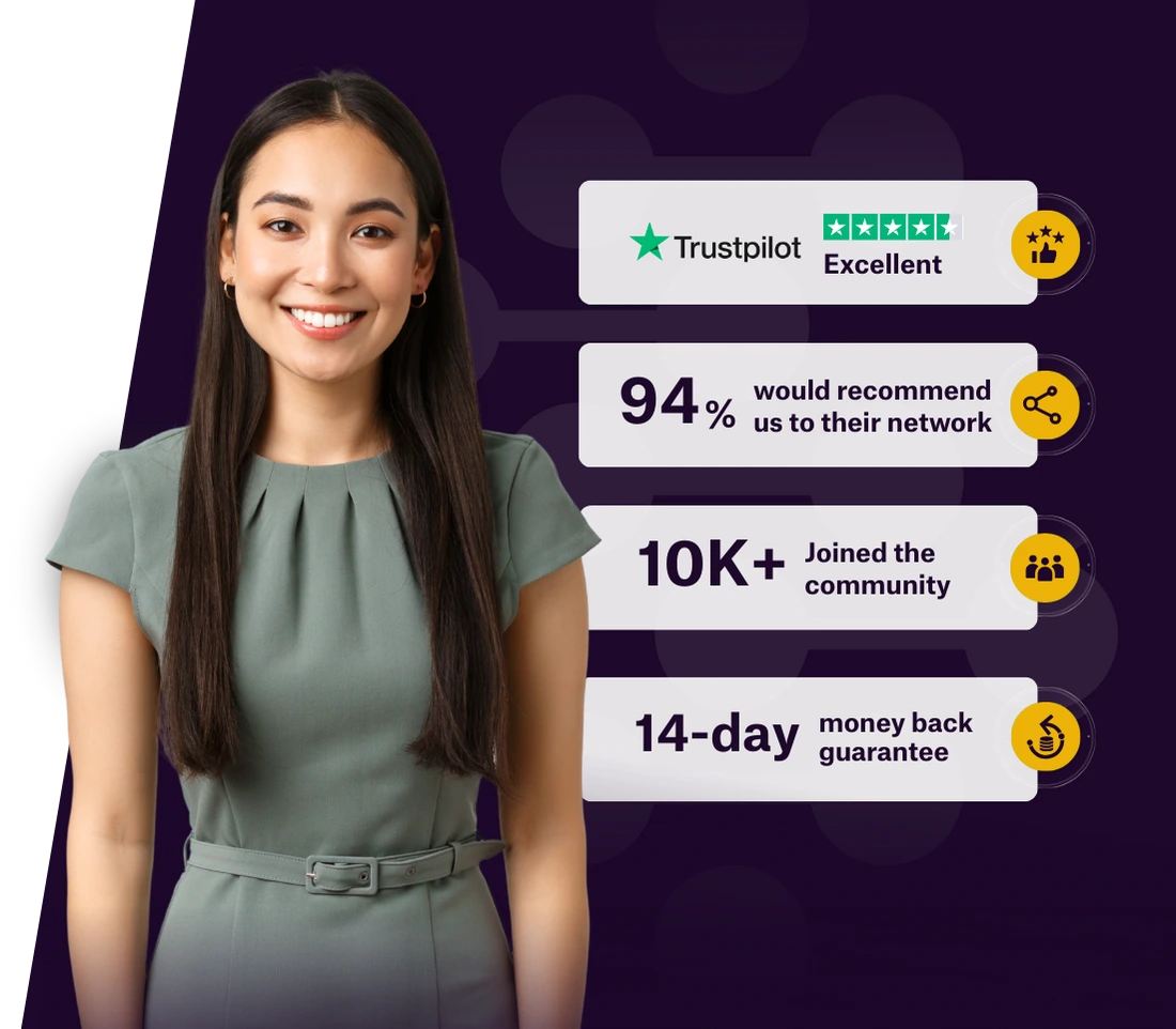 A smiling professional woman in a blazer stands confidently against a dark purple background with text highlights. Beside her, four badges showcase achievements: “Best Institute of the Year 2024,” “Excellent reviews on Trustpilot,” “10K+ Joined the community,” and “14-day money back guarantee,” each accompanied by a yellow checkmark.