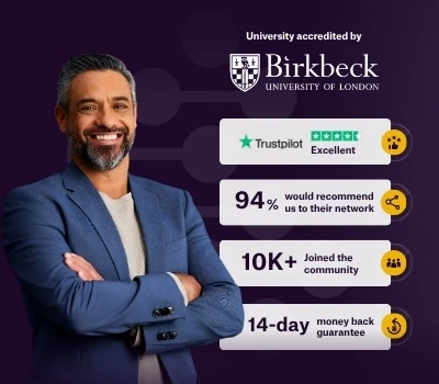 A smiling professional man in a jacket stands confidently against a dark purple background with text highlights. Beside him, four badges showcase achievements: “Best Institute of the Year 2024,” “Excellent reviews on Trustpilot,” “10K+ Joined the community,” and “14-day money back guarantee,” each accompanied by a yellow checkmark.