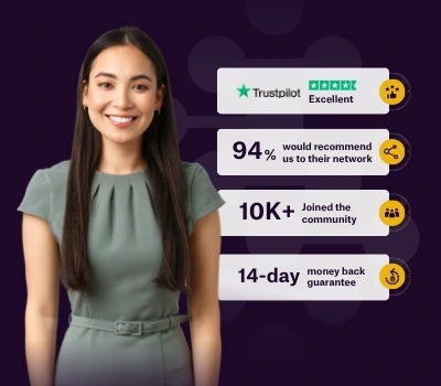 A smiling professional woman in a blazer stands confidently against a dark purple background with text highlights. Beside her, four badges showcase achievements: “Best Institute of the Year 2024,” “Excellent reviews on Trustpilot,” “10K+ Joined the community,” and “14-day money back guarantee,” each accompanied by a yellow checkmark.