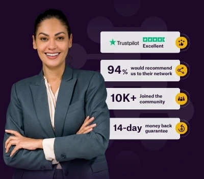 A smiling professional woman in a blazer stands confidently against a dark purple background with text highlights. Beside her, four badges showcase achievements: “Best Institute of the Year 2024,” “Excellent reviews on Trustpilot,” “10K+ Joined the community,” and “14-day money back guarantee,” each accompanied by a yellow checkmark.