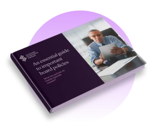 Board Policy eBook lady in the picture holding a pen and glasses having a conversation
