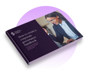 Governance Handbook eBook lady in the picture holding a pen and glasses having a conversation