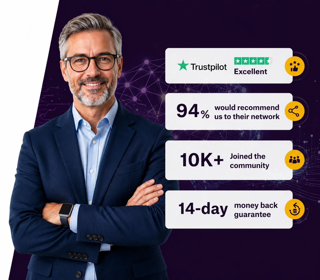 Diploma in AI Governance hero image with business leader, Trustpilot Excellent rating, 94% recommendation, 10K+ community and 14-day guarantee